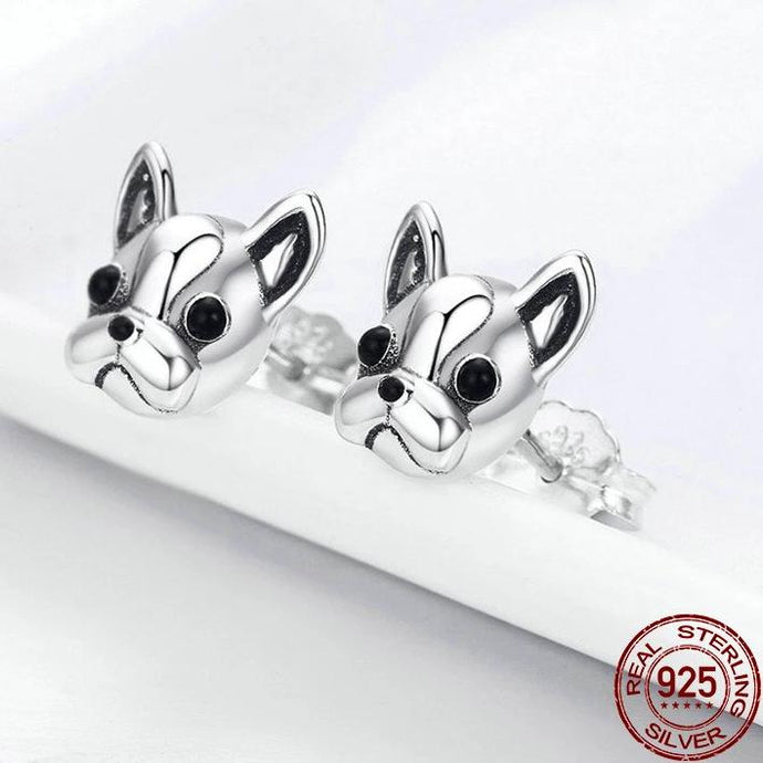 Image of a pair of french bulldog earrings made of 925 sterling silver