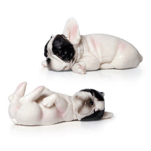 Load image into Gallery viewer, Image of two miniature sleeping on back and belly french bulldog figurines in the color pied black and white