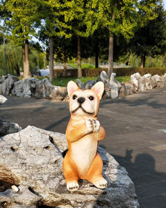 Image of a namaste french bulldog garden statue welcoming all guests with a most respectful namaste greeting