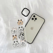 Load image into Gallery viewer, Image of an iphone with french bulldog iphone case on the white sheet