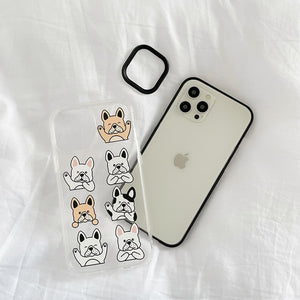 Image of an iphone with french bulldog iphone case on the white sheet