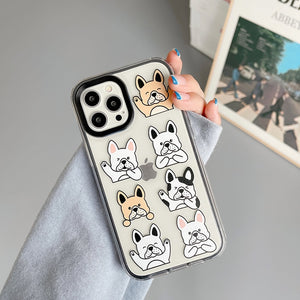 Image of a girl holding french bulldog iphone case in the cutest Frenchies in different colors saying “I Love You” in French Bulldog style!