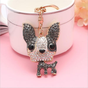 Image of stone studded french bulldog keychain in the color black