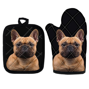 image of french bulldog oven mitten gloves and pot holder set in flowers in bloom design