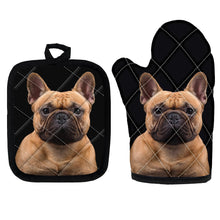 Load image into Gallery viewer, image of french bulldog oven mitten gloves and pot holder set