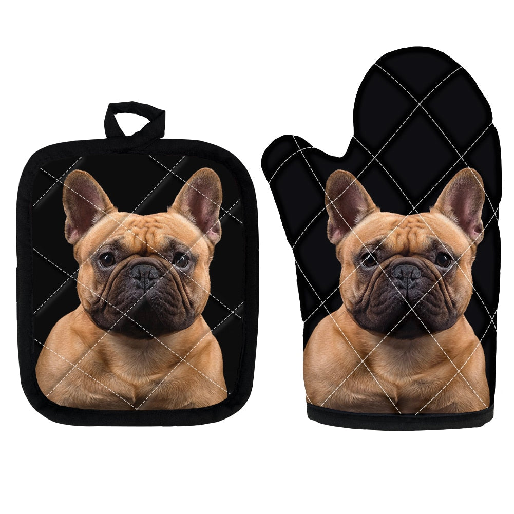 image of french bulldog oven mitten gloves and pot holder set
