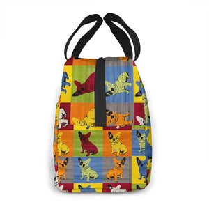 Side image of an insulated pop art french bulldog lunch bag featuring French Bulldogs in all colors design with exterior pocket