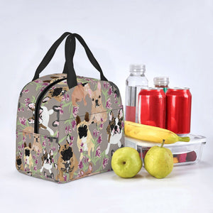 Image of an insulated French Bulldog lunch bag in frenchies and purple orchids design