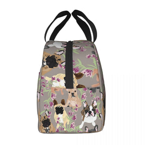 Side image of an insulated French Bulldog lunch bag with exterior pocket in frenchies and purple orchids design