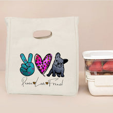 Load image into Gallery viewer, Image of black french bulldog lunch bag in Peace, Love, and Frenchie text design 