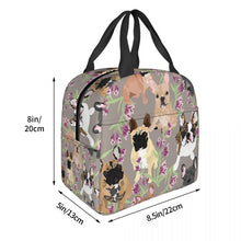 Load image into Gallery viewer, Image of the size of an insulated French Bulldog lunch bag with exterior pocket in frenchies and purple orchids design