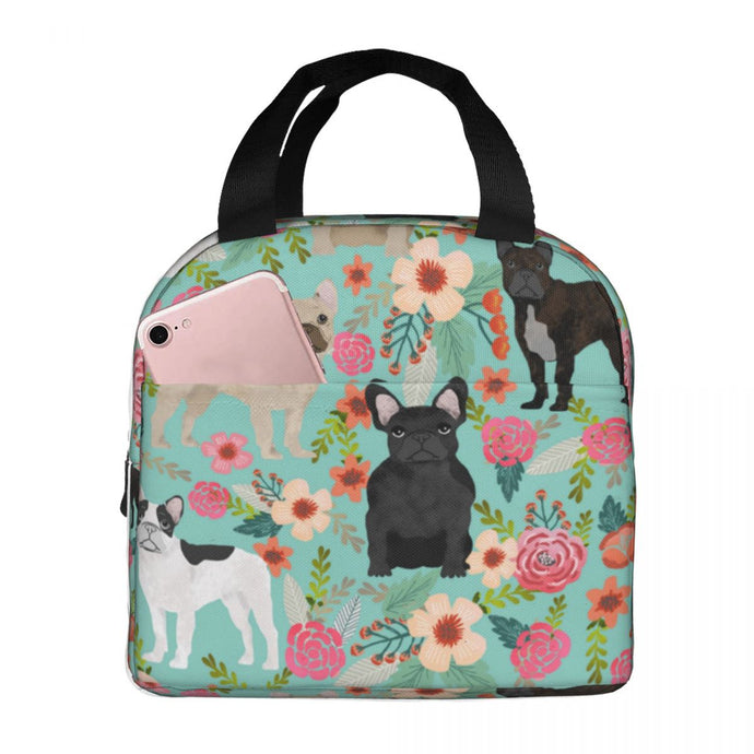 Image of an insulated French Bulldog lunch bag with exterior pocket in bloom design