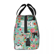 Load image into Gallery viewer, Side image of an insulated French Bulldog lunch bag with exterior pocket in bloom design