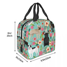 Load image into Gallery viewer, Image of the size of an insulated French Bulldog lunch bag with exterior pocket in bloom design