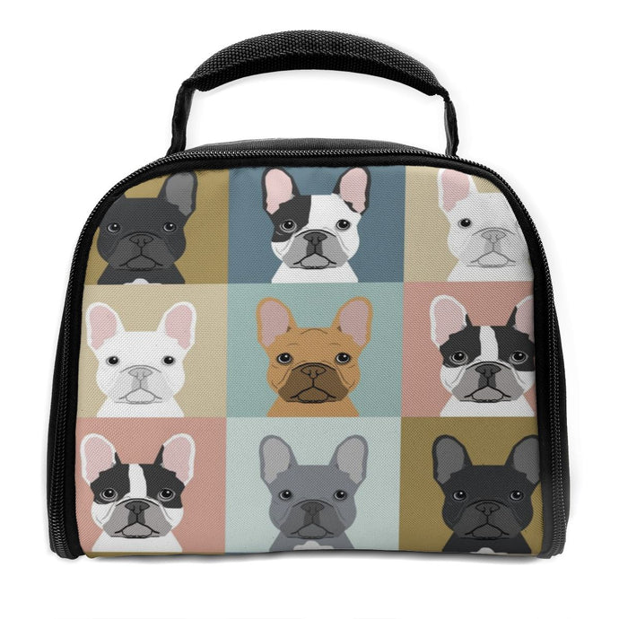 Image of an insulated french bulldog lunch bag featuring French Bulldogs in all colors design