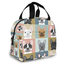 Load image into Gallery viewer, Image of an insulated french bulldog lunch bag featuring French Bulldogs in all colors design with exterior pocket