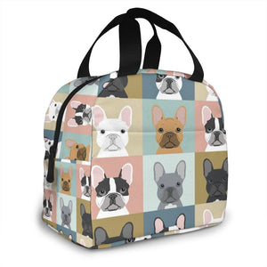 Image of an insulated french bulldog lunch bag featuring French Bulldogs in all colors design with exterior pocket