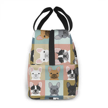 Load image into Gallery viewer, Side image of an insulated french bulldog lunch bag in French Bulldogs in all colors design with exterior pocket