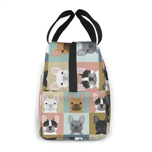 Side image of an insulated french bulldog lunch bag in French Bulldogs in all colors design with exterior pocket