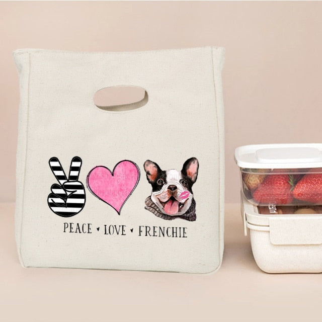 Image of pied black and white french bulldog lunch bag in Peace, Love, and Frenchie text design 