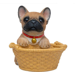 Image of a super cute French Bulldog ornament in the most helpful French Bulldog holding a basket design