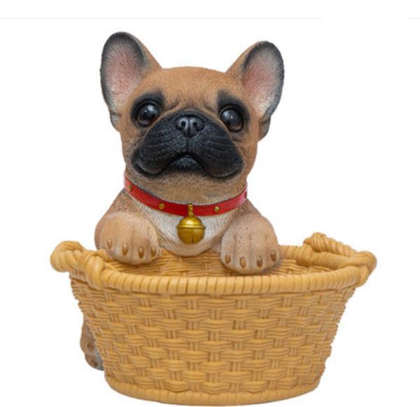 Image of a super cute French Bulldog ornament in the most helpful French Bulldog holding a basket design
