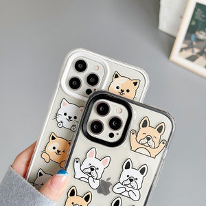Close up image of a girl holding french bulldog iphone cases in the cutest Frenchies in different colors saying “I Love You” in French Bulldog style!