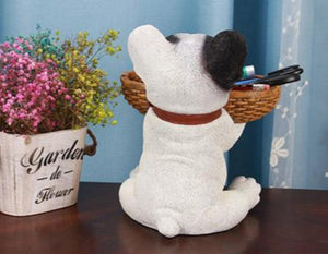 Back image of a pied black and white french bulldog tabletop organiser holding basket can be used as french bulldog piggy bank