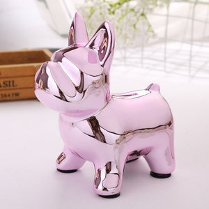 Image of a french bulldog piggy bank in the color pink