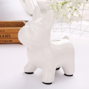 Image of a french bulldog piggy bank in the color white