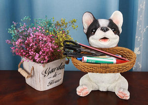 Image of a smiling pied black and white french bulldog tabletop organiser holding basket can be used as french bulldog piggy bank