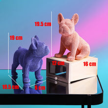 Load image into Gallery viewer, Size image of two textured french bulldog resin statues in the color blue and orange