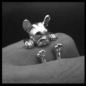 Image of a french bulldog ring in the cutest hanging French Bulldog design