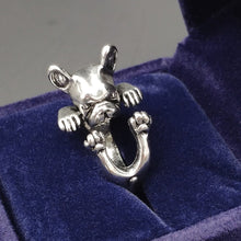 Load image into Gallery viewer, Image of a french bulldog ring in the cutest hanging French Bulldog design made of silver