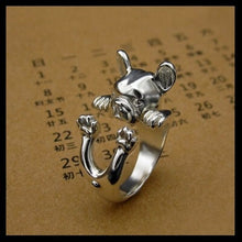 Load image into Gallery viewer, Image of a silver french bulldog ring in the cutest hanging French Bulldog design