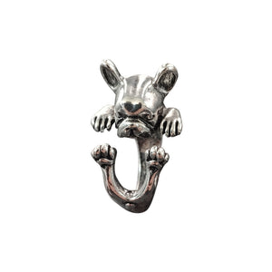 Image of a cutest silver french bulldog ring in the hanging French Bulldog design