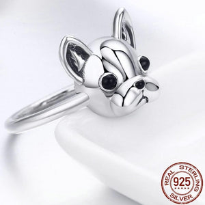 Image of a french bulldog ring in the super cute French Bulldog face design made of 925 sterling silver