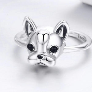 Image of a french bulldog ring in the super cute French Bulldog face design made of sterling silver