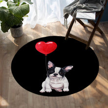 Load image into Gallery viewer, Pied Black and White French Bulldog Love Round Floor Rug-Home Decor-Dogs, French Bulldog, Home Decor, Rugs-Pied Black and White - Black BG with Red Heart Balloon-Small-1