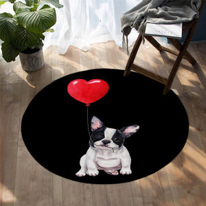 Pied Black and White French Bulldog Love Round Floor Rug-Home Decor-Dogs, French Bulldog, Home Decor, Rugs-Pied Black and White - Black BG with Red Heart Balloon-Small-1
