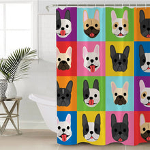 Load image into Gallery viewer, Image of beautiful french bulldog shower curtain in colorful french bulldogs design