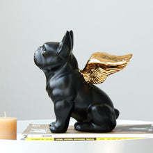 Load image into Gallery viewer, Side image of a black french bulldog statue with gold-plated angel wings
