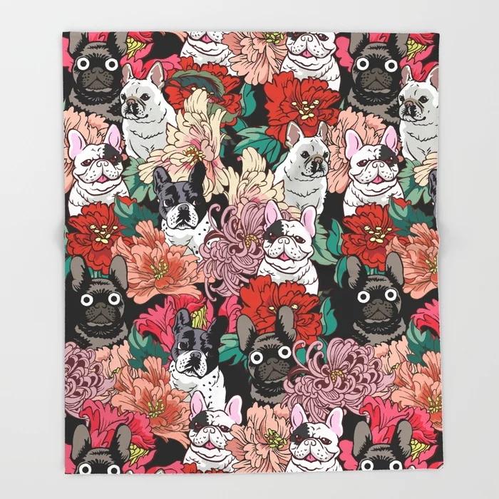 French Bulldogs in Bloom Throw Blanket-Home Decor-Blankets, Dogs, French Bulldog, Home Decor-Medium-1