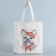 Load image into Gallery viewer, Image of a french bulldog tote bag in white/cream frenchie as a frenchman design