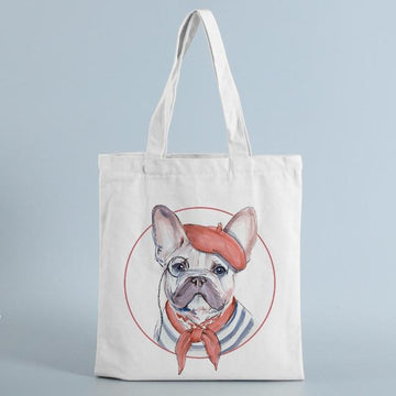 Image of a french bulldog tote bag in white/cream frenchie as a frenchman design