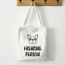 Load image into Gallery viewer, Image of a french bulldog tote bag in frenchie person black and white design