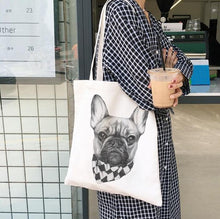 Load image into Gallery viewer, Image of a lady carrying french bulldog tote bag in fawn frenchie with cowboy bandana design