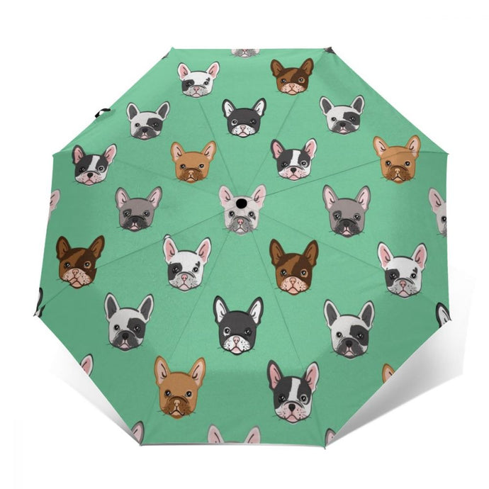Image of a french bulldog umbrella in an automatic push-button open and close mechanism