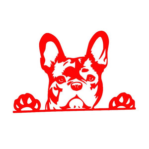 Image of peeping french bulldog vinyl decal in the color red