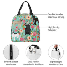 Load image into Gallery viewer, Information detail image of an insulated French Bulldog lunch bag with exterior pocket in bloom design